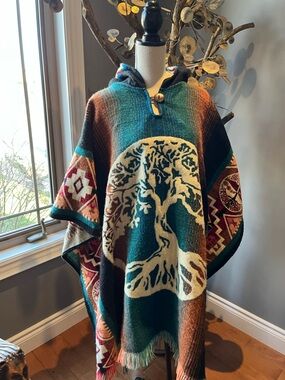 Tree of Life Hooded Poncho in Teal, Rust & Cream